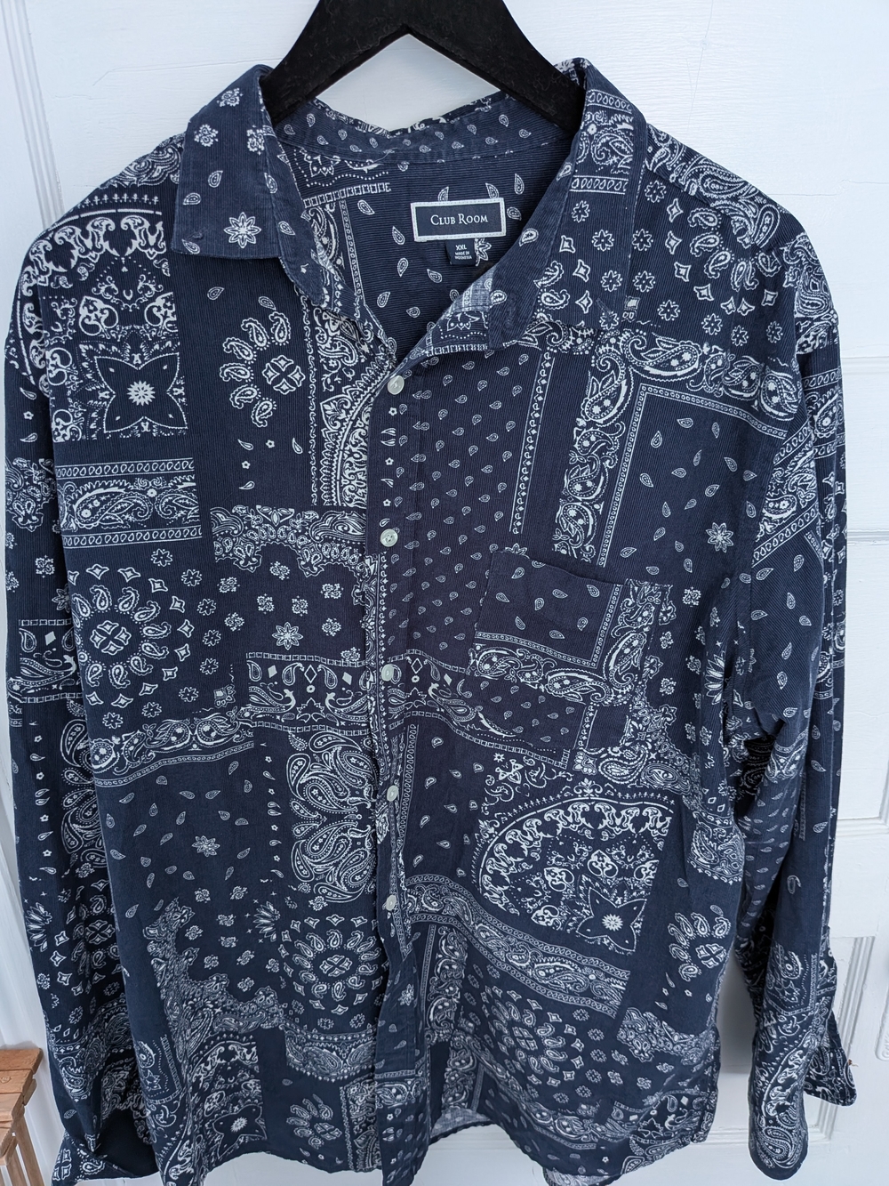 Club Room Men's XXL Corduroy Bandana Paisley Button Down Shirt -Navy